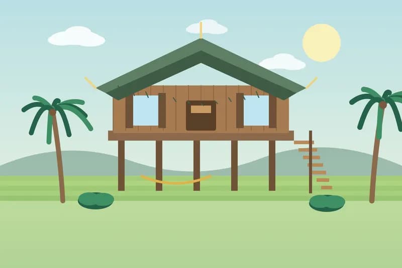 Traditional Khmer house on stilts, illustration: Traditional Khmer house on stilts, Slor Kram
